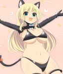  1girl animal_ear_fluff animal_ears arms_up bikini black_bikini blonde_hair blue_eyes blunt_bangs blush bow breasts cat_ears cat_girl cat_tail commentary_request cowboy_shot gantz gantz_suit hair_ornament hairclip highres large_breasts lets0020 long_hair looking_at_viewer medium_bangs navel open_mouth pink_background red_bow senran_kagura shrug_(clothing) sidelocks smile solo swimsuit tail tail_bow tail_ornament yomi_(senran_kagura) 