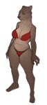  2023 anthro banoncat bear big_breasts bikini breasts brown_body brown_fur cleavage clothed clothing female fur grinning_at_viewer hi_res looking_at_viewer mammal side_view simple_background solo swimwear thick_thighs white_background 
