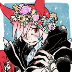  1boy animal_ears blue_background blush cat_ears crystal_exarch final_fantasy final_fantasy_xiv fingernails flower_wreath g&#039;raha_tia hand_up head_wreath itowo_(itowc) looking_at_viewer male_focus red_eyes red_hair smile solo upper_body 