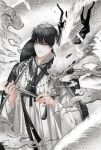  1boy black_hair closed_mouth commentary_request dragon hair_between_eyes hand_fan highres holding holding_fan kim_dokja korean_commentary light_smile long_sleeves male_focus omniscient_reader&#039;s_viewpoint robe short_hair solo sonakbe_33 white_background 