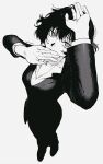 1girl bangs black_hair full_body greyscale hands_up highres looking_at_viewer monochrome original short_hair simple_background solo spot_color standing suit_jacket ta0oxo0ma white_background 
