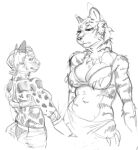  2023 anthro banoncat big_breasts bottomwear breasts butt clothing eye_contact felid female fur jewelry khajiit larger_female loincloth looking_at_another mammal markings microsoft midriff necklace pantherine side_view simple_background size_difference smaller_female spots spotted_body spotted_fur striped_body striped_fur stripes the_elder_scrolls tiger tribal tribal_clothing tribal_jewelry tribal_necklace white_background 
