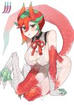  1girl absurdres animal_feet animal_hands breasts chili_pepper claws commentary_request covered_nipples digitigrade dragon_girl dragon_horns dragon_tail full_body green_hair hair_between_eyes highres horns large_breasts looking_at_viewer monster_girl open_mouth original pelvic_curtain red_hair red_horns red_scales sakoku_(oyatsu3ji_) scales simple_background sitting solo sweat tail torn_clothes white_background 
