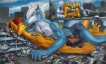  2016 anthro bottomwear building car city clothing destruction dragon draxi duo eyes_closed hi_res kissing macro making_out male parking_garage shorts thaz_(character) thb886 underpaw vehicle 