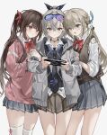  3girls alternate_costume black_necktie bow bowtie brown_skirt closed_mouth collared_shirt crossed_bangs earrings grey_eyes grey_hair grey_jacket grey_skirt hair_between_eyes hair_ornament hairclip handheld_game_console high_ponytail highres holding holding_handheld_game_console holding_hands honkai:_star_rail honkai_(series) jacket jewelry light_brown_hair long_hair long_sleeves low_twintails multiple_girls neck_ring necktie open_clothes open_jacket open_mouth parted_lips pink_eyes playstation_portable ponytail qingque_(honkai:_star_rail) red_bow red_bowtie ribbon_legwear school_uniform shirt silver_wolf_(honkai:_star_rail) simple_background skirt sparkle_(honkai:_star_rail) standing sweat thighhighs twintails utsuhostoria white_background white_shirt white_thighhighs zettai_ryouiki 