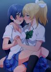  2girls after_kiss ayase_eli bangs blonde_hair blue_eyes blue_hair blush hair_ribbon highres holding_hands interlocked_fingers long_hair looking_at_another love_live! love_live!_school_idol_project multiple_girls nanatsu_no_umi open_mouth otonokizaka_school_uniform pleated_skirt ponytail ribbon saliva saliva_trail school_uniform shirt simple_background sitting skirt sonoda_umi summer_uniform swept_bangs unbuttoned unbuttoned_shirt white_shirt yellow_eyes yuri 