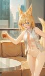  1girl adelie(assaultharpy) alcohol animal_ears assaultharpy bare_legs blonde_hair blue_eyes chinese_commentary commentary_request fox_ears fox_girl fox_tail highres looking_at_viewer no_panties original pussy seductive_smile smile solo tail wine 
