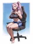 1girl absurdres alternate_costume barefoot blue_eyes border breasts chair clothes_writing commentary commission controller english_commentary game_controller gaming_chair grey_hair high_ponytail highres holding holding_controller holding_game_controller hololive hololive_indonesia indonesian_text large_breasts long_hair midriff navel open_mouth pavolia_reine second-party_source seventeencrows short_shorts shorts simple_background sitting skin_tight smile solo swivel_chair virtual_youtuber white_border 