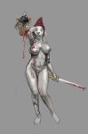  2023 anthro banoncat big_breasts blood blood_on_body blood_on_weapon bodily_fluids bottomless breasts canid canine canis clothed clothing death domestic_dog dripping_blood female fur_tattoo gore hi_res holding_melee_weapon holding_object holding_sword holding_weapon looking_at_another mammal melee_weapon navel severed_body_part severed_head solo sword topwear topwear_only weapon 