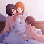  3girls amogan ass bed blue_eyes blush breasts brown_eyes brown_hair cleavage closed_eyes closed_mouth collarbone girls_und_panzer hand_on_another&#039;s_shoulder highres hoshino_(girls_und_panzer) imminent_kiss indoors large_breasts looking_at_another multiple_girls nishizumi_miho nude on_bed orange_hair short_hair smile suzuki_(girls_und_panzer) yuri 
