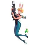  1girl :3 animal_ears animification apex_legends black_bow blonde_hair blue_eyes blue_pantyhose bow breasts bright_pupils cleavage detached_collar fake_animal_ears gun holding holding_gun holding_weapon joong_beak light_machine_gun looking_at_viewer medium_breasts nessie_(respawn) pantyhose playboy_bunny rabbit_ears scar scar_on_arm scar_on_cheek scar_on_face short_hair smile solo wattson_(apex_legends) weapon white_pupils wrist_cuffs 