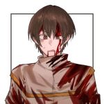  1boy bleeding_from_forehead blood blood_from_mouth blood_on_clothes blood_on_face brown_eyes brown_hair capelet chinese_commentary commentary_request film_grain gold_trim hair_between_eyes jabuchi_you looking_at_viewer male_focus open_mouth portrait saibou_shinkyoku shirt short_hair solo sporeroom sweat uneven_eyes v-shaped_eyebrows white_capelet white_shirt 