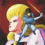  1980s_(style) 1984_(year) 1boy 1girl blonde_hair blue_eyes brown_hair character_request daba_myroad dated energy_sword gloves juusenki_l-gaim kitazume_hiroyuki official_art painting_(medium) promotional_art retro_artstyle scan science_fiction signature sword tears traditional_media uniform weapon 