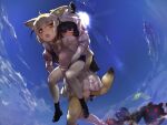  2girls :o ahoge animal_ear_fluff animal_ears black_footwear black_hair blonde_hair blue_sky bow bowtie carrying cellien_(kemono_friends) closed_eyes commentary common_raccoon_(kemono_friends) day elbow_gloves exhausted fennec_(kemono_friends) fox_ears fox_girl fox_tail gloves grey_hair highres hot kemono_friends multicolored_hair multiple_girls open_mouth orange_eyes outdoors piggyback pleated_skirt puffy_short_sleeves puffy_sleeves raccoon_ears raccoon_girl raccoon_tail shoes short_hair short_sleeves skirt sky sun sweat tadano_magu tail two-tone_hair white_hair white_skirt yellow_bow yellow_bowtie zettai_ryouiki 