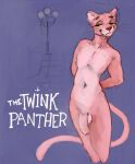  2022 anthro antrhopomorphic balls banoncat eyebrows felid flaccid foreskin genitals hands_behind_back hi_res looking_at_viewer male mammal nude pantherine penis pink_panther raised_eyebrow raised_tail solo street_lamp tail whiskers yellow_eyes 