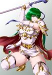  1girl armor black_panties boots breastplate dithorba_(fire_emblem) fire_emblem fire_emblem:_genealogy_of_the_holy_war green_eyes green_hair holding holding_lance holding_polearm holding_weapon kneeling lance open_mouth panties polearm rakusai_(saisai_garou) thighs underwear weapon 