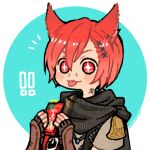  ! !! 1boy :p animal_ears black_scarf cat_ears crystal_exarch final_fantasy final_fantasy_xiv g&#039;raha_tia grey_shirt hair_ornament itowo_(itowc) jewelry male_focus necklace notice_lines pet_food red_eyes red_hair scarf shirt short_hair smile solo sparkling_eyes tongue tongue_out upper_body x_hair_ornament 