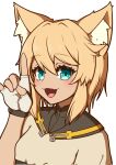  :3 animal_humanoid arc_system_works bangs blonde_hair blush breasts bridget_(guilty_gear) cat_humanoid clothed clothing eyelashes fangs felid felid_humanoid feline feline_humanoid female female_humanoid fingerless_gloves gesture gloves guilty_gear guilty_gear_strive hair hand_gesture handwear hi_res humanoid inner_ear_fluff japanese_description looking_at_viewer mammal mammal_humanoid medium_hair nirade44 open_mouth open_smile simple_background small_breasts smile solo teal_eyes teeth translated_description tuft white_background white_clothing white_gloves white_handwear 