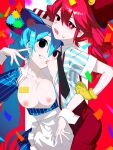  2girls absurdres apron arm_around_waist black_eyes blue_hair blue_nails breast_biting breasts cleavage confetti dress drill_hair drooling gloves hatsune_miku highres kasane_teto large_breasts licking licking_breast long_hair mesmerizer_(vocaloid) mouth_drool multiple_girls nipples open_clothes open_mouth open_shirt pinstripe_dress pinstripe_hat pinstripe_pattern red_eyes red_hair red_suspenders sharp_teeth shirt smiley_hair_ornament striped_clothes striped_shirt sweatdrop synthesizer_v teeth tongue tongue_out tridecagram twin_drills twintails utau virgo_(artist) visor_cap vocaloid white_apron yellow_gloves yuri 