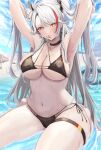  1girl armpits arms_up azur_lane bikini black_bikini black_choker breasts cafenami choker cleavage cross cross_earrings earrings highres jewelry large_breasts mouth_hold multicolored_hair navel official_alternate_costume partially_submerged prinz_eugen_(azur_lane) prinz_eugen_(unfading_smile)_(azur_lane) red_hair side-tie_bikini_bottom sitting streaked_hair swimsuit thigh_strap two_side_up wet white_hair 