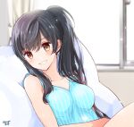  1girl asymmetrical_bangs bare_shoulders bed black_hair blue_shirt blush breasts brown_eyes collarbone commentary_request grin hand_on_own_stomach hospital_bed long_hair medium_breasts original shirt side_ponytail sleeveless sleeveless_shirt smile solo tinkle2013 upper_body 