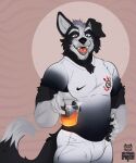  anthro beverage black_body black_fur border_collie canid canine canis claws clothed clothing collie container corinthians cup domestic_dog football_uniform fur herding_dog heterochromia hi_res male mammal mattiyyah_lion multicolored_body pastoral_dog sheepdog solo white_body white_fur 