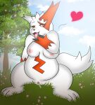  absurd_res anthro bedroom_eyes bodily_fluids breasts day female flower genital_fluids genitals grass hi_res looking_at_viewer narrowed_eyes nintendo outside plant pok&eacute;mon pok&eacute;mon_(species) pussy pussy_juice seductive self_taste sitting sky solo tongue tongue_out tree umbry00 video_games zangoose 