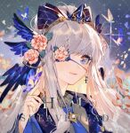  1girl argyle_background artist_name bad_id bad_weibo_id blue_background blue_bow blue_butterfly blue_coat blue_eyes blue_vest bow bug butterfly butterfly_on_hand closed_mouth coat collared_shirt cross cross_earrings earrings eyelashes eyepatch fingernails flower flower_earrings gold_tiara grey_shirt hair_bow hair_flower hair_ornament hanming_hm high_ponytail jewelry leaf light_blush long_hair long_sleeves looking_at_viewer original petals pink_flower pink_rose pinstripe_pattern pinstripe_shirt red_lips rose rose_petals sample_watermark shirt smile solo sparkle striped_bow tiara upper_body very_long_hair vest watermark weibo_watermark white_hair wide_sleeves 