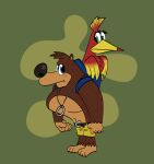  2023 3_toes 5_fingers anthro avian backpack banjo-kazooie banjo_(banjo-kazooie) barefoot beak bear belt belt_buckle big_nose bird black_belt black_claws black_nose blue_backpack blue_eyes bottomwear breegull brown_bear brown_body brown_fur brown_hair buckle carrying_another chest_tuft claws clothed clothing digital_drawing_(artwork) digital_media_(artwork) duo eye_contact eyelashes feather_hair feathered_wings feathers feet female fingers flat_colors freckles fur green_background green_eyes hair hi_res in_backpack jewelry kazooie looking_at_another male male/female mammal mouth_closed multicolored_body multicolored_feathers multicolored_wings muscular muscular_anthro muscular_male navel necklace orange_body orange_feathers partially_clothed pecs phillip-banks pseudo_hair rareware short_hair shorts simple_background standing tan_body tan_inner_ear tan_skin toe_claws toes tuft ursine wings yellow_beak yellow_body yellow_bottomwear yellow_clothing yellow_feathers yellow_shorts 