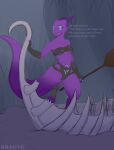  3_toes 4_toes anthro armwear bandage biped boat breasts charon_(redeye) claws clothed clothing digital_media_(artwork) english_text european_mythology feet female fingers greek_mythology handwear hi_res horn kobold legwear looking_at_viewer mythology open_mouth paws purple_body purple_skin redeye scalie simple_background smile solo tattoo text toes tongue topwear underwear vehicle water watercraft 