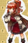  1girl :d anna_(fire_emblem) black_footwear boots brown_cape cape dress feet_out_of_frame fire_emblem fire_emblem_engage gloves grey_gloves hand_up long_hair looking_at_viewer momongame_17 open_mouth pointing pointing_at_self ponytail red_dress red_eyes red_hair sidelocks smile solo standing two-tone_dress white_dress 