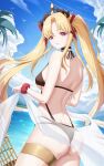  1girl about_fg absurdres ass bikini blonde_hair blue_sky breasts cloud day ereshkigal_(fate) fate/grand_order fate_(series) highres large_breasts long_hair looking_at_viewer looking_back outdoors parted_lips red_eyes sarong sky solo strap_gap swimsuit tiara very_long_hair 