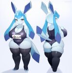  anthro big_breasts big_butt blue_body blue_eyes blush breasts butt cleavage clothed clothing eeveelution female generation_4_pokemon glaceon hi_res kakuteki11029 legwear looking_back nintendo one-piece_swimsuit pokemon pokemon_(species) simple_background solo swimwear thick_thighs thigh_highs 