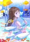  1girl absurdres air_bubble blue_eyes blue_sky brown_hair bubble building city cloud clownfish day dress fish food highres holding holding_food holding_popsicle long_hair nap_on_a_cloud original popsicle sky solo tropical_fish white_dress 