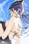  1girl absurdres alternate_costume backless_dress backless_outfit bare_arms bare_back bare_shoulders black_dress black_gloves blue_sky breasts clorinde_(genshin_impact) day dress earrings genshin_impact gloves hat hidulume highres jewelry large_breasts long_hair looking_at_viewer outdoors purple_eyes purple_hair sky solo tricorne upper_body 