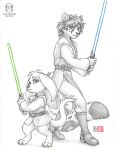  2021 anthro clothed clothing duo eyebrows eyelashes felid feline kacey lightsaber male mammal melee_weapon star_wars traditional_media_(artwork) unknown_species weapon 