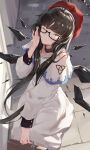  1girl absurdres alternate_costume arknights beret black_hair blunt_bangs chinese_commentary commentary_request detached_wings dress glasses grey_eyes hat highres hime_cut long_hair long_sleeves looking_at_viewer looking_up one_eye_closed qaq_baiguang red_beret semi-rimless_eyewear smile solo under-rim_eyewear virtuosa_(arknights) white_dress wings 