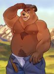  2024 anthro bear belly belt biceps body_hair bottomwear briefs chest_hair chest_tuft clothed clothing cowboy ear_piercing gol1ath hand_on_head hi_res looking_at_viewer male mammal manly mountain musclegut muscular navel nipples open_bottomwear open_clothing open_mouth open_pants outside pants pecs piercing pubes raised_arm slightly_chubby solo standing tighty_whities triceps tuft underwear white_briefs white_clothing white_underwear 