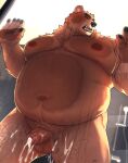  2024 anthro balls bear belly big_belly black_nose bodily_fluids brown_body brown_fur cum eyes_closed fur genital_fluids genitals hi_res humanoid_hands kemono male mammal moobs navel nipples oaks16 overweight overweight_male penis solo 