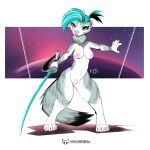  2023 anthro blue_hair breasts colored detailed_background digital_drawing_(artwork) digital_media_(artwork) earth english_text female fluffy fluffy_tail genitals hair hi_res holding_melee_weapon holding_object holding_sword holding_weapon icon kiaun letters mammal melee_weapon mustelid musteline neck_tuft nude pink_eyes pink_nose planet portrait pussy shaded shadow signature simple_background solo standing star sword symbol tail text true_musteline tuft url weapon weasel white_background world 