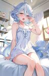  1girl absurdres bare_shoulders blue_eyes blue_hair blue_nightgown blush furina_(genshin_impact) genshin_impact hair_between_eyes highres indoors light_blue_hair long_hair looking_at_viewer nightgown on_bed pi_tayuko solo very_long_hair yawning 
