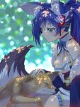  1girl animal_ears azur_lane bangs blue_eyes blue_hair blurry bow bowtie breasts cleavage commentary_request dappled_sunlight depth_of_field detached_collar detached_sleeves eyebrows_visible_through_hair eyes_visible_through_hair fox fox_ears fox_girl fox_tail fur_scarf hair_ornament headpat highres ikemori_up jintsuu_(azur_lane) large_breasts long_hair looking_at_another looking_down obi pleated_skirt ponytail sash sidelocks skirt sleeping sleeping_on_person smile sunlight tail wide_sleeves 