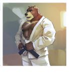  2024 absurd_res anthro bear beard belt black_bear bodily_fluids bottle breath chest_tuft clothed clothing container facial_hair hand_on_hip hi_res juuichi_mikazuki male mammal manly moon_bear morenatsu musclegut muscular nipples open_clothing open_mouth open_shirt open_topwear pecs shirt simple_background standing sweat topwear tuft ursine water_bottle yeshh 