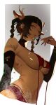  1girl absurdres animal_ears artist_name blunt_bangs border bra braid breasts brown_hair character_request chromatic_aberration closed_mouth copyright_request dark-skinned_female dark_skin ear_piercing earrings expressionless fingernails fork from_side grey_background highres holding holding_fork horns jewelry looking_at_viewer medium_breasts nail_polish original panties piercing purple_eyes red_bra red_nails red_panties sidelocks simple_background solo stomach underwear upper_body white_border wosashimi 