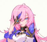  1girl blue_eyes breasts butterfly_ornament cleavage elf elysia_(honkai_impact) go_satoshi_ko grey_background hair_ornament highres honkai_(series) honkai_impact_3rd long_hair looking_at_viewer one_eye_covered pink_hair pink_pupils pointy_ears shirt smile solo upper_body very_long_hair white_shirt 