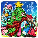  1boy 1girl animal_ears cat_ears cat_tail christmas_ornaments christmas_tree closed_mouth crystal_exarch fat_cat_(ff14) final_fantasy final_fantasy_xiv g&#039;raha_tia holding holding_staff itowo_(itowc) lalafell miqo&#039;te moogle paissa pink_hair purple_eyes red_eyes red_hair smile staff tail warrior_of_light_(ff14) 
