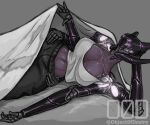  absurd_res big_breasts breasts cleavage clothed clothing cybernetics cyborg female hi_res humanoid lying machine midriff multi_arm multi_eye multi_limb object0fdesire purple_body purple_skin solo under_covers 