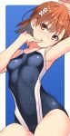  1girl arm_up armpits asymmetrical_bangs breasts brown_eyes brown_hair comiket_104 commentary_request finger_to_mouth hair_ornament hairpin highleg highleg_swimsuit looking_at_viewer misaka_mikoto raika9 school_swimsuit short_hair simple_background small_breasts smile solo swimsuit toaru_kagaku_no_railgun toaru_majutsu_no_index tokiwadai_school_swimsuit twitter_username two-tone_one-piece_swimsuit 