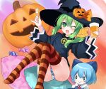  2girls ;d aika4472 ass black_hat black_shirt candy cirno commentary_request cup daiyousei doll fairy food full_body green_eyes green_hair halloween hat highres holding holding_cup jack-o&#039;-lantern long_sleeves looking_at_viewer multicolored_background multiple_girls one_eye_closed open_mouth panties shirt side_ponytail smile striped_clothes striped_panties striped_thighhighs thighhighs touhou underwear witch_hat 