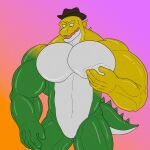  absurd_res anthro big_muscles big_pecs candy clothing crocodilian dessert digital_media_(artwork) featureless_crotch food food_creature glitch_productions green_body gummigoo_(tadc) gummy_(food) gummy_creature hat hat_only headgear headgear_only headwear headwear_only hi_res huge_muscles living_candy looking_at_viewer male mammal mostly_nude multicolored_body muscular muscular_male nastybluepal pecs reptile scalie simple_background solo tail the_amazing_digital_circus white_body yellow_body 